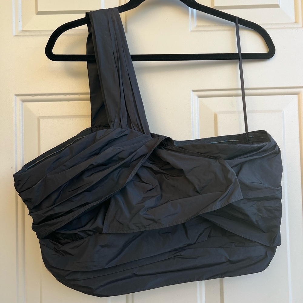 Anthropologie 12W Black One-Shoulder Party Top Draped Evening Cropped